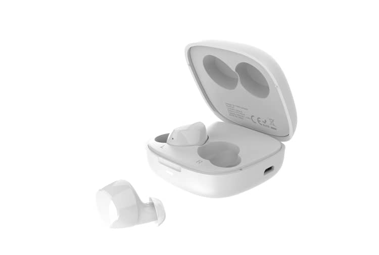 Product image of open white TECNO buds against a white background